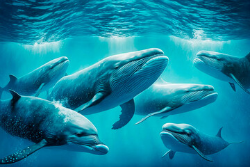 Obraz premium A pod of whales swimming in a clear blue ocean, generative ai