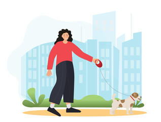 Person walking with dog, dog walking service, domestic animals concept, healthy lifestyle concept, flat vector illustration