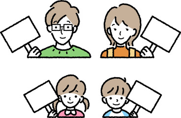 プラカードを持ったお父さん、お母さん、娘、息子　おだやかな笑顔をした4人家族のバストアップ　ベクターイラスト