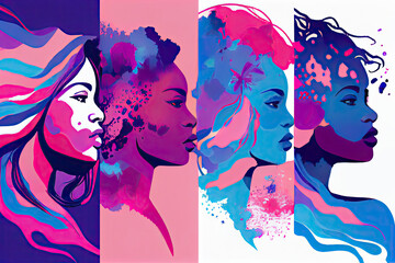 Four BIPOC Pink Blue Purple Abstract Illustration Woman Indigenous People Of Colour