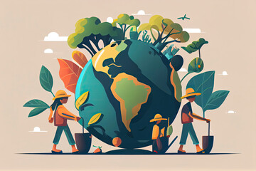  little men prepare for the day of the Earth, save the planet, save energy, the concept of the Earth day vector