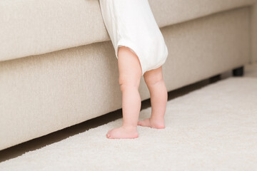 8 months old baby in white bodysuit with barefoot standing on light soft carpet at beige sofa at...