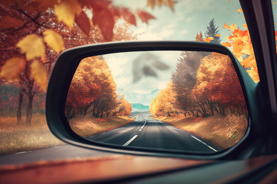Road trip in autumn. View through car window. AI generated image