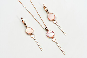 Elegant jewelry set. Jewellery set with gemstones. Jewelry accessories collage. Product still life concept. Ring, necklace and earrings.