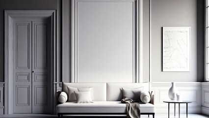 Waiting lounge sofa in the white decorative hallway, photorealistic illustration, Generative AI