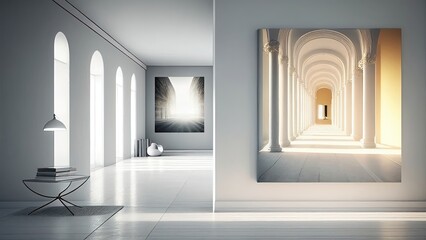 Art gallery with natural light through windows, photorealistic illustration, Generative AI