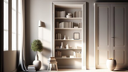 A room interior with a built-in bookcase, photorealistic illustration, Generative AI
