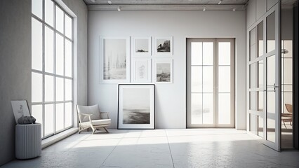 A new workshop with a minimalistic white interior, photorealistic illustration, Generative AI
