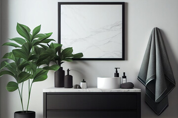 A modern vanity with clean lines, a marble sink, and a black-framed mirror