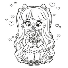 Cute cartoon long haired girl holds a crocus in pot  outlined for coloring page on white background