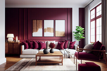 A living room with natural wood tones and a neutral color palette is given a touch of elegance with pops of deep burgundy