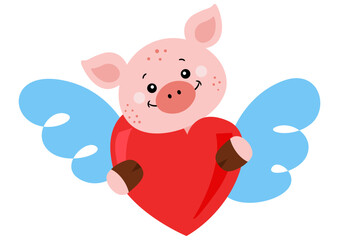 Cute pig holding a red heart with wings