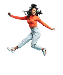 Excited happy pretty girl in casual jeans clothes high jump with raised hands and legs, on...