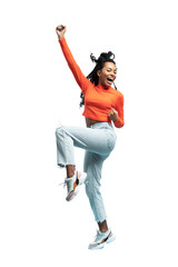 Excited happy pretty girl in casual jeans clothes high jump with raised hands and legs, on transparent background