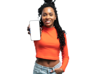 Great Mobile Offer. Excited Lady Pointing Finger At Smartphone In Her Hand, Emotionally Reacting To New App, Overjoyed Millennial Woman Standing Isolated Over Transparent Studio Background