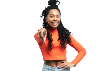 Its you. Beautiful young woman, company manager pointing finger at camera and smiling, choosing, inviting people, recruiting, standing over transparent background