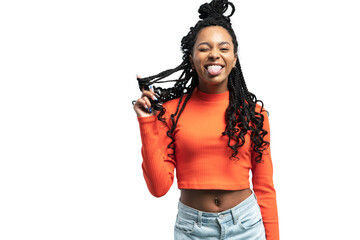 Young lovable woman with african hairstyle laughing during indoor photoshoot. Graceful cute girl in...
