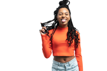 Young lovable woman with african hairstyle laughing during indoor photoshoot. Graceful cute girl in casual clothes enjoying leisure time in studio, isolated on transparent background