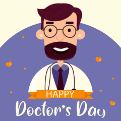  Illustration with a cartoon doctor. Banner for national doctor's day celebration. Medicine. Flat design for social media, poster, banner, vector