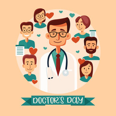 Illustration with cartoon doctors, women and men. Banner for national doctor's day celebration.  Medicine. Flat design for social media, poster, banner, vector 