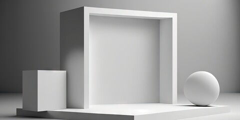 Abstract white product design displayed on modern stage with minimal backdrop and empty corner space, Generative AI