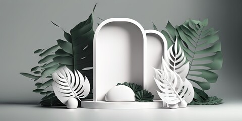 A podium for displaying products, white in color and decorated with natural foliage, Generative AI
