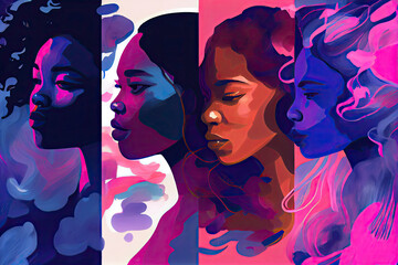 Naklejka premium Four BIPOC Pink Blue Purple Abstract Illustration Woman Indigenous People Of Colour