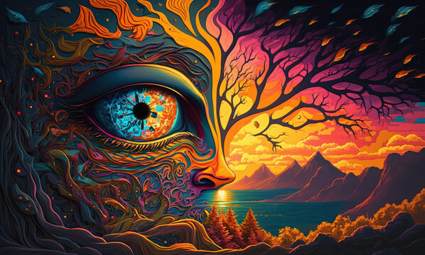 LSD hippie culture concept, woman in nature, sixties, trip