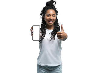 Wow, Amazing Useful App. Portrait of excited and surprised young woman holding smartphone with white blank screen in hand, showing device. Gadget with empty free space for mock up template, isolated