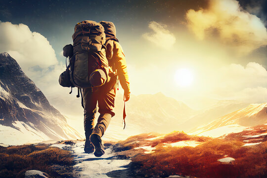 Hiker goes against sky and sun. Hiking concept