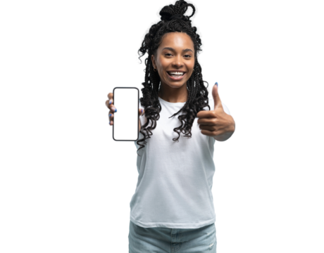Wow, Amazing Useful App. Portrait of excited and surprised young woman holding smartphone with white blank screen in hand, showing device. Gadget with empty free space for mock up template, isolated