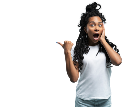 Excited young woman pointing fingers at copy space, surprised female with open mouth looking at camera, satisfied client customer showing offer, isolated on transparent background