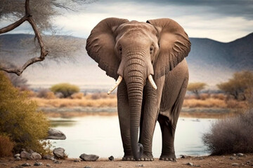 Fototapeta na wymiar A wild Elephant on the edge of a lake in the African Savannah, generative ai