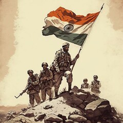 Independence  day india illustration of indian army holding their flag, Generative ai