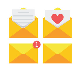 Letter envelope with paper document. Closed, open with a message e-mail envelopes. Vector.