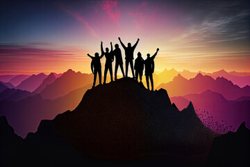 Silhouette of the team on the mountain. Leadership Concept