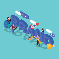 Naklejka premium Entrepreneurs working on branding 3d isometric vector illustration concept for banner, website, landing page, ads, flyer template