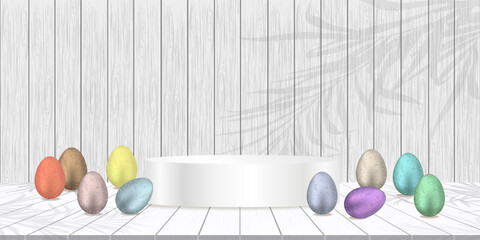 Happy Easter Background Banner Studio Room Table Top,Product Display with Copy Space.Traditional Easter Eggs with 3d Podium on White Wood Texture floor,Concept for Promotion on Easter Day