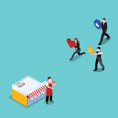 Customers respond to shop marketing campaign 3d isometric vector illustration concept for banner, website, landing page, ads, flyer template