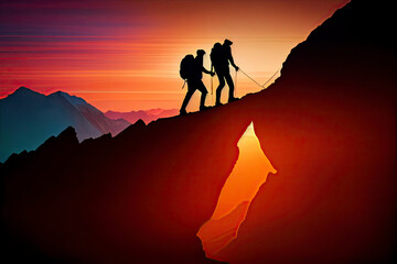 Team work, life goals and self improvement concept. Man helping his female climbing partner up a steep edge of a mountain