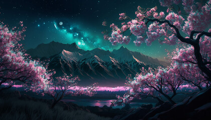 Obraz na płótnie Canvas A fantasy landscape in japanese animation style of cherry blossoms against a mountain background with the Auroara borealis at night time.