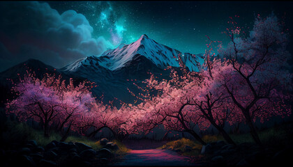 Fototapeta na wymiar Abstract fantasy landscape of Cherry blossoms against the aurora borealis sky at night.