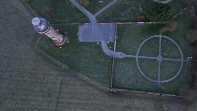 overhead drone shot of spire of lloyd tower, kells, county meath, ireland.