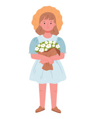 A girl in a straw hat with a bouquet of spring flowers.Poster, print, garden concept.Hand drawn flat illustration.
