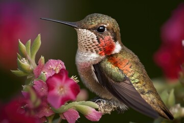 Naklejka na ściany i meble A juvenile Ruby throated humming bird feeding on a flower, Ontario, Canada. Generative AI