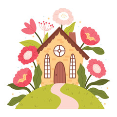 A small fairy-tale house among big flowers. Children's illustration. Hand drawn flat illustration.