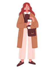 Spring outfit. Fashion. Stylish fashionable girl in classic modern trench coat holding coffee. Street style.