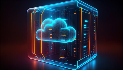 Cloud computing concept, server hardware storage with virtual connections, data flow and symbolic cloud, ai generative