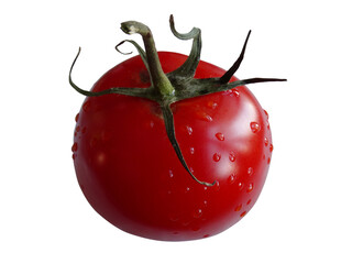 Dojrzały, czerwony pomidor. Świeży, pachnący, mokry pomidorek malinowy zerwany prosto z krzaka. Ciemnoczerwony owoc pomidora o lśniącej skórce i ciemnozielonej szypułce. - obrazy, fototapety, plakaty