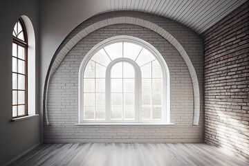 Fototapeta premium Empty room with arched window and shiplap flooring. Brick wall in loft interior mockup
